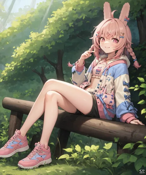 1girl, pink hair, braids, pink eyes, rabbit ears, slit eyes, jacket, hoodie, shorts, sneakers, sitting, forest, looking at viewer, smile <lora:char-pippa:0.8>
