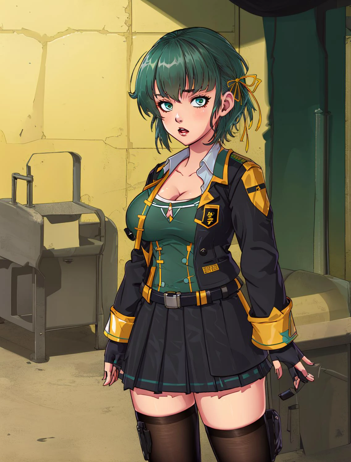 masterpiece, best quality
<lora:kana_kashiwazaki-000008:0.55>
1girl ,(solo),
kanakashiwazaki, aqua eyes, yellow ribbon
kanakashiwazaki, yellow ribbon, aqua eyes,(geisterjaeger uniform), thighhighs, black jacket, fingerless gloves, belt, cleavage, medium breasts, long sleeves,
(standing), upper body,
<lora:Akabur:0.65>