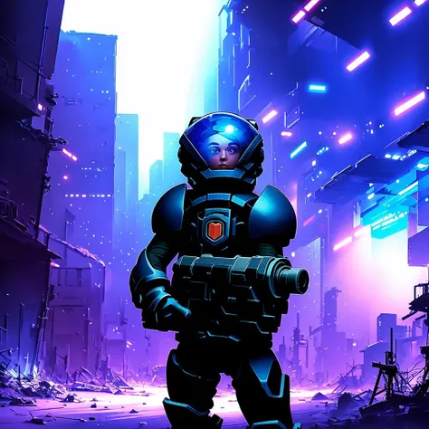 a soldier on space battle suit and helmet with blue glass, with a laser gun in his hands, ruins of factory on background <lora:mach:1>, mach style
