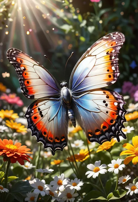 (medium full shot) of (whimsical butterfly) with silver grey checkered wings, bronze brown body, short and stubby antennae, tiny gems on wings, set in  a radiant sunlit garden, with colorful flowers, fluttering butterflies, a cheerful atmosphere, ,Masterpiece,best quality, raw photo, realistic, very aesthetic, dark