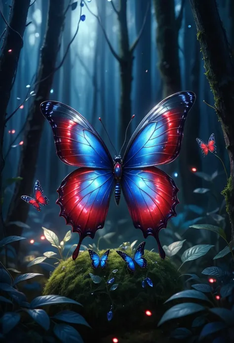 (medium full shot) of (graceful butterflies) with ruby red transparent wings, sapphire blue body, long and slender antennae, tiny gems on wings delicate legs, set in  a mystical enchanted forest, with sparkling lights, enchanted plants, a magical atmosphere, during twilight, ,Masterpiece,best quality, raw photo, realistic, very aesthetic