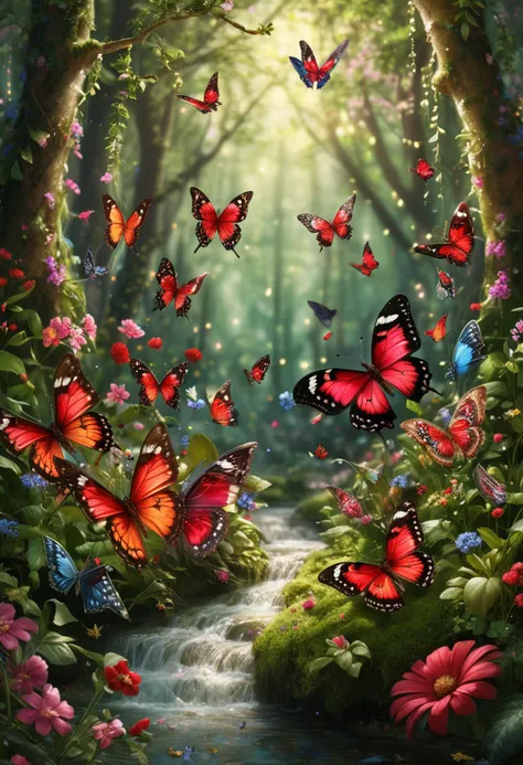 (medium full shot) of (stunning butterflies) with bronze brown solid wings, ruby red body, short and stubby antennae, tiny gems on wings, set in  a lush forest, filled with vibrant flowers and sparkling streams, where fairies gather to dance and sing, in the spring, ,Masterpiece,best quality, raw photo, realistic, very aesthetic