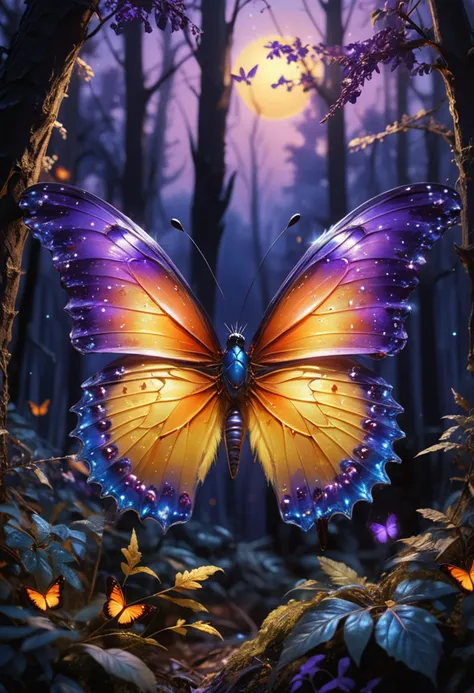 (medium full shot) of (captivating butterfly) with fiery orange solid wings, golden yellow body, feathery antennae, tiny gems on wings, set in  a twilight forest, with trees that seem to whisper secrets, the sky is painted in hues of purple and blue as the day turns to night, under the morning sun, ,Masterpiece,best quality, raw photo, realistic, very aesthetic, dark