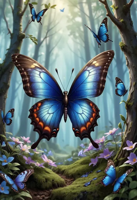 (medium full shot) of (vibrant butterflies) with bronze brown spotted wings, sapphire blue body, feathery antennae, shimmering scales delicate legs, set in  a whimsical forest, where every tree has a unique shape and color, the air is filled with the sweet scent of blooming flowers, in the spring, ,Masterpiece,best quality, raw photo, realistic, very aesthetic