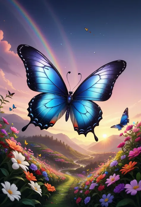 (medium full shot) of (stunning butterfly) with pearl white gradient wings, jet black body, curved antennae, shimmering scales, set in  a vibrant flowering valley, featuring a rainbow of flowers, singing birds, a lively atmosphere, during twilight, ,Masterpiece,best quality, raw photo, realistic, very aesthetic