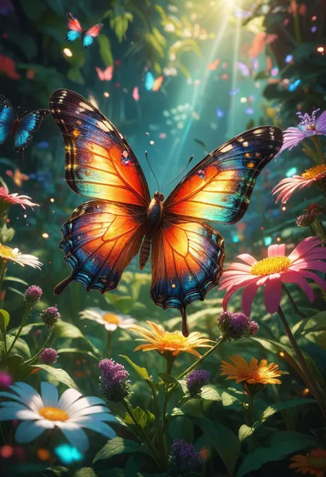 (medium full shot) of (magical butterflies) with rainbow prismatic bioluminescent wings, bronze brown body, glowing antennae, floral patterns, set in  a radiant sunlit garden, with colorful flowers, fluttering butterflies, a cheerful atmosphere, ,Masterpiece,best quality, photo, realistic, very aesthetic