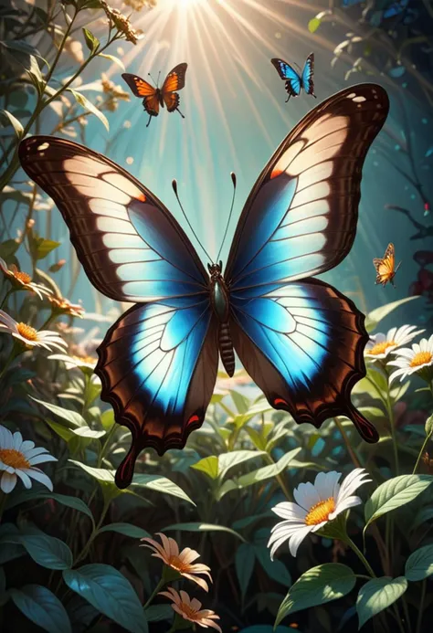 (medium full shot) of (stunning butterflies) with psychedelic prismatic bioluminescent wings, bronze brown body, long and slender antennae, delicate legs, set in  a secluded sunlit garden, with hidden nooks, fragrant flowers, a peaceful setting, under the morning sun, ,Masterpiece,best quality, raw photo, realistic, very aesthetic