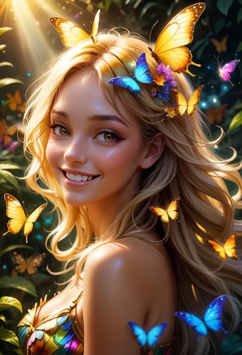 (medium full shot) of (vibrant butterflies) with rainbow prismatic striped wings, golden yellow body, feathery antennae, soft fur tufts, set in a mystical sunlit garden, with glowing petals, ethereal lights, a magical aura, woman smiling, ,Masterpiece,best quality, raw photo, realistic, very aesthetic