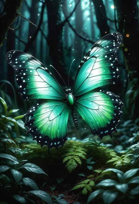 (medium full shot) of (stunning butterfly) with emerald green striped wings, snowy white body, short and stubby antennae, luminescent spots shimmering scales, set in  a mystical enchanted forest, with glowing plants, bioluminescent insects, an enchanting aura, during twilight, ,Masterpiece,best quality, raw photo, realistic, very aesthetic, dark