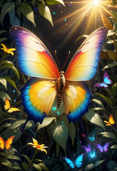 (medium full shot) of (vibrant butterflies) with rainbow prismatic striped wings, golden yellow body, feathery antennae, soft fur tufts, set in  a mystical sunlit garden, with glowing petals, ethereal lights, a magical aura, ,Masterpiece,best quality, raw photo, realistic, very aesthetic