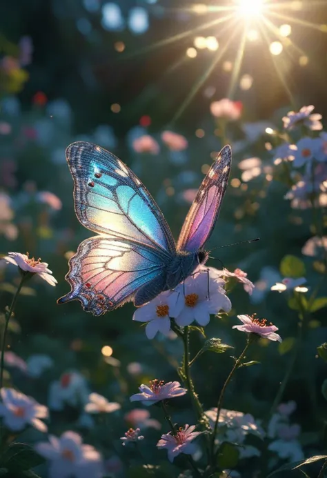 (medium full shot) of (magical butterfly) with silver grey iridescent wings, silver grey body, short and stubby antennae, floral patterns tiny gems on wings, set in  a mystical sunlit garden, with glowing petals, ethereal lights, a magical aura, during twilight, ,Masterpiece,best quality, photo, realistic, very aesthetic