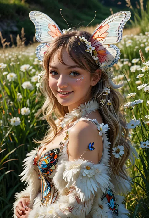 (medium full shot) of (whimsical butterfly) with psychedelic prismatic striped wings, snowy white body, glowing antennae, floral patterns soft fur tufts, set in  a serene flowering valley, with soft grass, meandering paths, a calming environment, under the morning sun, woman smiling, ,Masterpiece,best quality, photo, realistic, very aesthetic, detailed face,