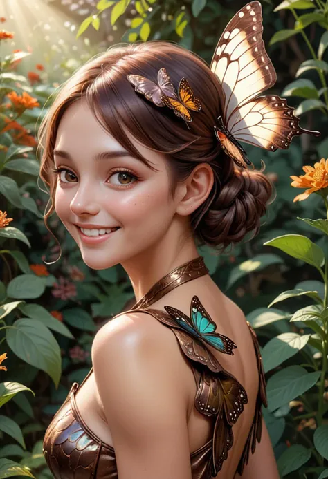 (medium full shot) of (graceful butterfly) with bronze brown iridescent wings, bronze brown body, short and stubby antennae, floral patterns shimmering scales, set in  a secluded sunlit garden, with hidden nooks, fragrant flowers, a peaceful setting, woman smiling, ,Masterpiece,best quality, raw photo, realistic, very aesthetic