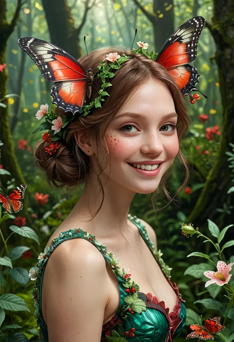 (medium full shot) of (delicate butterfly) with ruby red checkered wings, emerald green body, short and stubby antennae, floral patterns, set in enchanted woodland where the flowers glow with inner light and the air is filled with the sound of laughter, in the spring, woman smiling, ,Masterpiece,best quality, photo, realistic, very aesthetic, detailed face,