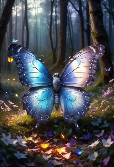 (medium full shot) of (enchanting butterfly) with rainbow prismatic glittering wings, silver grey body, curved antennae, delicate legs, set in  Twilight Glade, Soft twilight filtering through the canopy, carpet of fallen leaves covering the ground, delicate wildflowers blooming along the edges, the distant hoot of an owl breaking the stillness, during twilight, ,Masterpiece,best quality, raw photo, realistic, very aesthetic, dark