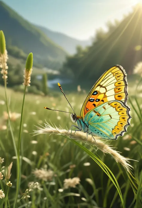 (medium full shot) of (delicate butterfly) with golden yellow spotted wings, emerald green body, long and slender antennae, soft fur tufts tiny gems on wings, set in  a serene flowering valley, with soft grass, meandering paths, a calming environment, under the morning sun, ,Masterpiece,best quality, raw photo, realistic, very aesthetic