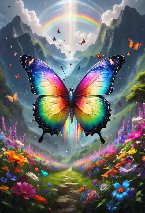 (medium full shot) of (magical butterfly) with rainbow prismatic solid wings, silver grey body, feathery antennae, luminescent spots floral patterns, set in  a vibrant flowering valley, featuring a rainbow of flowers, singing birds, a lively atmosphere, in the spring, ,Masterpiece,best quality, raw photo, realistic, very aesthetic, dark