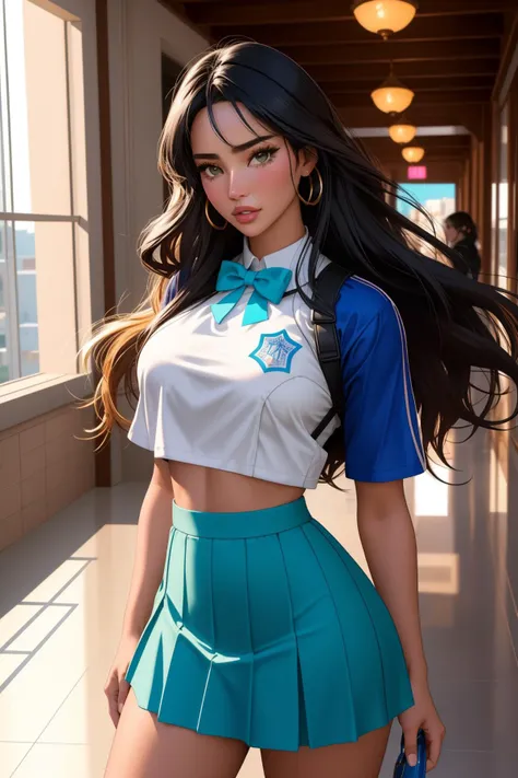 Score_9, Score_8_up, Score_8, score_9, score_8_up, score_7_up, 1girl, solo, facial, body, cute, adorable, freckles, black curly high hair, flat-chested, body blush, bright colors, volumetric lighting, score_7_up, 8k, realistic eyes, blue eyes, high detailed texture, 1 girl, young, pretty, long brunette ponytail, freckles, checkered skirt, bent over, body(body height:140cm),thigh highs, long socks, black socks, room, background, slender and short body