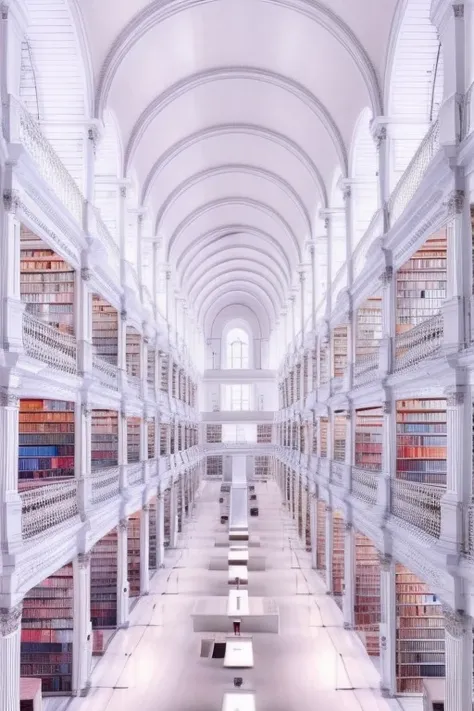 <lora:LibraryAI-000016:1> (libraryai), a modern white library, very long