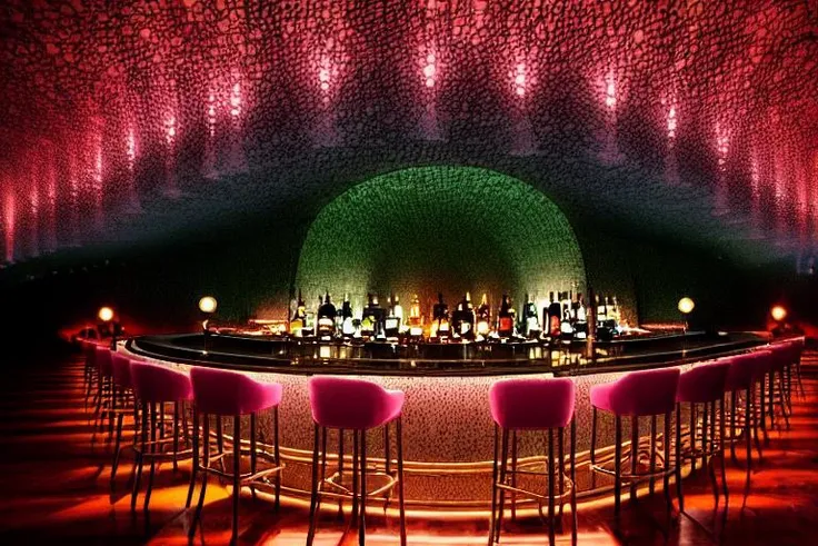bar with stools, huge room, pink lights, best quality, unreal engine, glowing lights <lora:OTA-BarRestaurant:0.9>