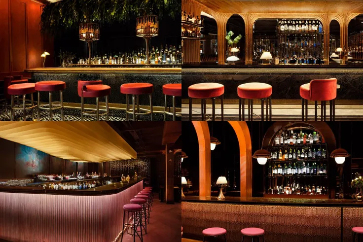 bar with stools and red lights, a flemish Baroque by Maginel Wright Enright Barney, featured on dribble, berlin secession,  ultra realistic, rich color palette, art deco, glowing lights <lora:OTA-BarRestaurant:1>