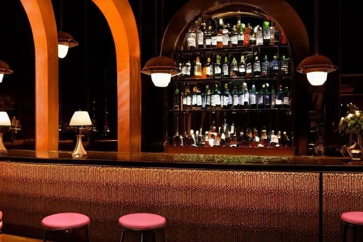 bar with stools and pink lights, a flemish Baroque by Maginel Wright Enright Barney, featured on dribble, berlin secession, ultra realistic, rich color palette, art deco, glowing lights <lora:OTA-BarRestaurant:1>