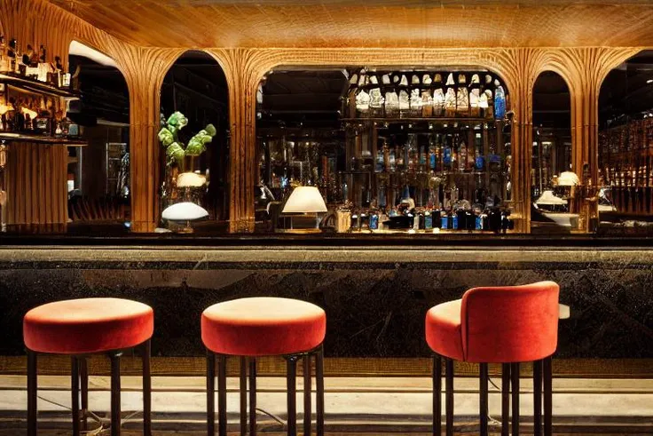 bar with stools and red lights, a flemish Baroque by Maginel Wright Enright Barney, featured on dribble, berlin secession, ultra realistic, rich color palette, art deco, glowing lights <lora:OTA-BarRestaurant:1>