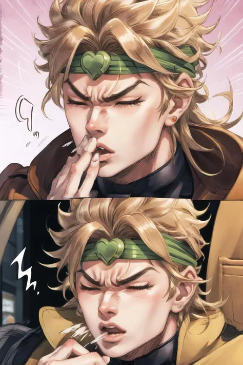 Highly detailed, High Quality, Masterpiece, beautiful, 1boy, FISneezing, closed eyes, blush, sneezing, >_<, <lora:FISneezing:1.2>, dio, jacket, headband, <lora:Char_Sigmas_Dio:0.9>