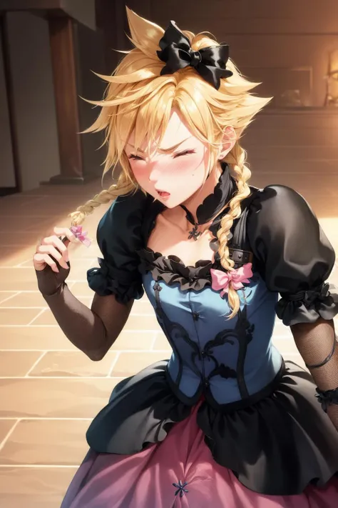 masterpiece:1.2, best quality, absurdres, steampunk city, standing, Cloud Strife, crossdressing, twin braids, male focus, frilled dress, hair bow, face focus, detailed face, close up, FISneezing, closed eyes, blush, sneezing, >_<, <lora:cloudstrife-nvwls-v1:0.8>, <lora:FISneezing:1.0>