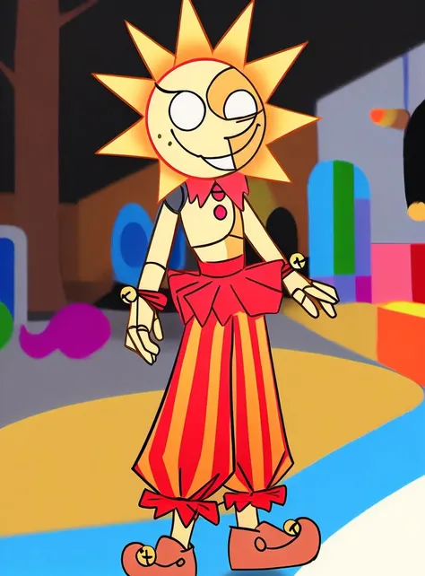 <lora:dca-v3-mix-final-2:1> 2d, digital drawing, solo, fullbody, standing, animatronic, white eyes, empty eyes, toony, fanart, best quality, masterpiece, high res, SunFNAF, head rays, daycare attendant, humanoid, yellow body, striped pants, tutu, slippers, footwear, bell, ribbons, button, neck ruff