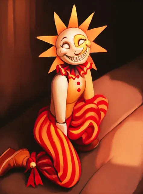 <lora:dca-v3-mix-final-2:1> solo, bust, animatronic, white eyes, grin, teeth, smile, permagrin, on model, best quality, masterpiece, high res, SunFNAF, head rays, daycare attendant, humanoid, yellow body, striped pants, tutu, slippers, footwear, bell, ribbons, button, neck ruff, detailed light, soft, digital painting, soft shading