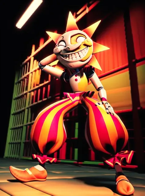 <lora:dca-v3-mix-final-2:1> solo, fullbody, animatronic, white eyes, grin, teeth, smile, permagrin, on model, official, 3d, best quality, masterpiece, high res, SunFNAF, head rays, daycare attendant, humanoid, yellow body, striped pants, tutu, slippers, footwear, bell, ribbons, button, neck ruff