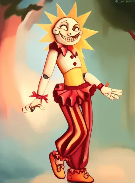 <lora:dca-v3-mix-final-2:1> solo, bust, animatronic, white eyes, grin, teeth, smile, permagrin, on model, best quality, masterpiece, high res, SunFNAF, head rays, daycare attendant, humanoid, yellow body, striped pants, tutu, slippers, footwear, bell, ribbons, button, neck ruff, detailed light, soft, digital painting, soft shading