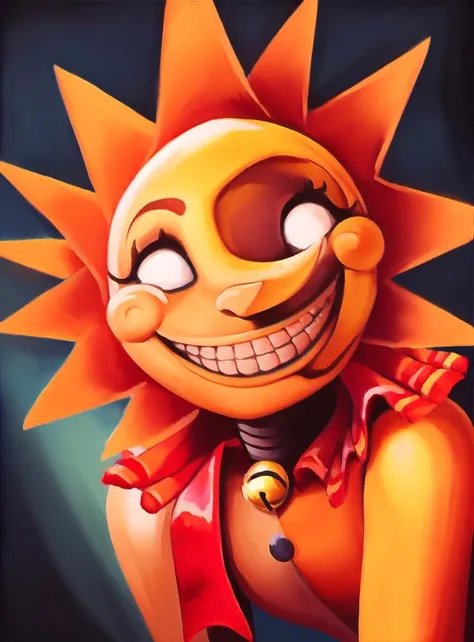 <lora:dca-v3-mix-final-2:1> solo, bust, headshot, animatronic, white eyes, grin, teeth, smile, permagrin, on model, best quality, masterpiece, high res, SunFNAF, head rays, daycare attendant, humanoid, yellow body, bell, ribbons, button, neck ruff, detailed light, soft, digital painting, soft shading