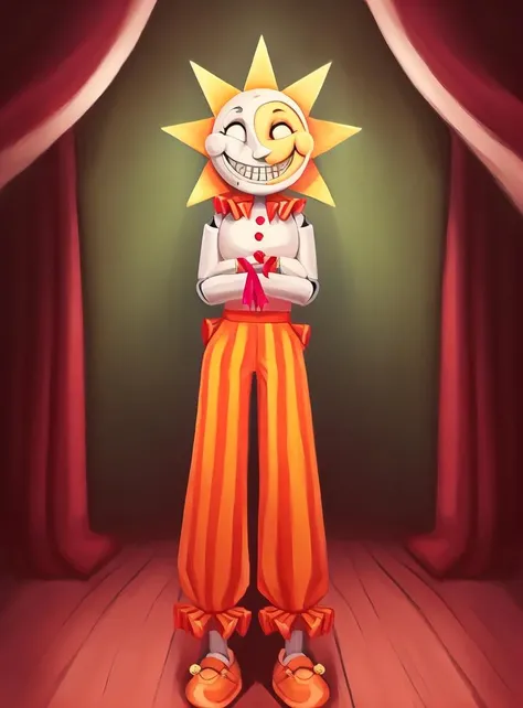 <lora:dca-v3-mix-final-2:1> solo, bust, animatronic, white eyes, grin, teeth, smile, permagrin, on model, best quality, masterpiece, high res, SunFNAF, head rays, daycare attendant, humanoid, yellow body, striped pants, tutu, slippers, footwear, bell, ribbons, button, neck ruff, detailed light, soft, digital painting, soft shading