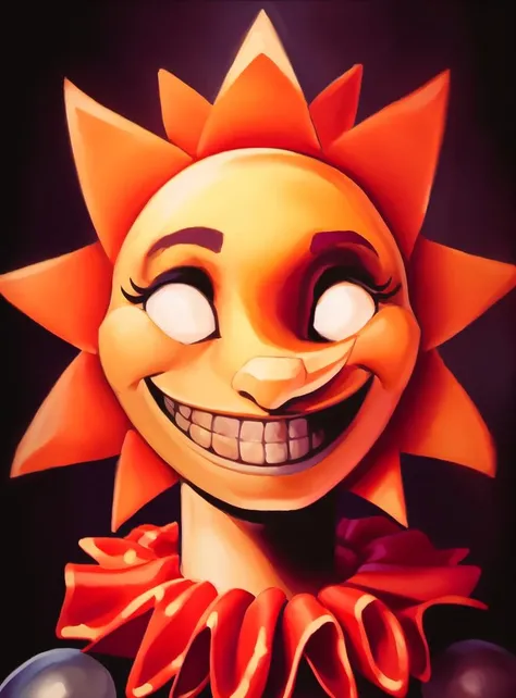 <lora:dca-v3-mix-final-2:1> solo, bust, headshot, portrait, animatronic, white eyes, grin, teeth, smile, permagrin, on model, best quality, masterpiece, high res, SunFNAF, head rays, daycare attendant, humanoid, yellow body, bell, ribbons, button, neck ruff, detailed light, soft, digital painting, soft shading