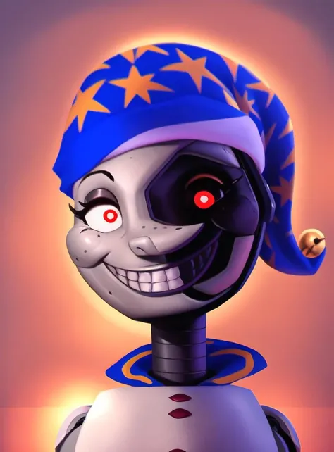 <lora:dca-v3-mix-final-2:1> solo, headshot, portrait, animatronic, red eyes, grin, teeth, smile, permagrin, (on model), pattern hat, bell, heterochromia, button, robot, best quality, masterpiece, high res, MoonFNAF, daycare attendant, humanoid, grey body, multi tone body, multicolored body, blue clothing, pattern clothing, nightcap, detailed light, soft, digital painting, soft shading