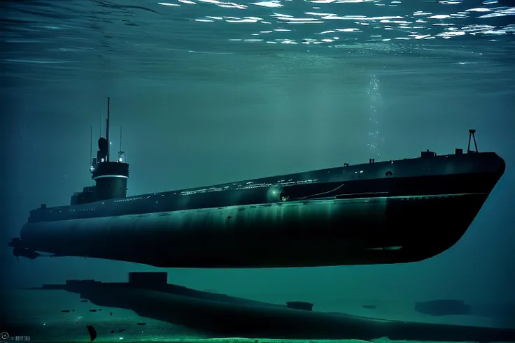 uboat, submerged, weeds, darkness,