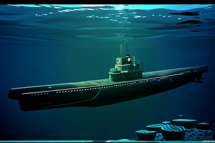 uboat, submerged, weeds, darkness,