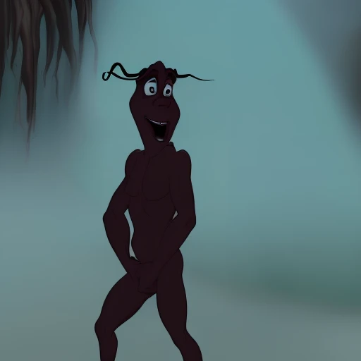 classic disney style suffering humanoid creature, disturbing, mutilation, visceral fear, terrifying, fleshy, terrifying, creepy, dark, pain and dispair, rotting, blood, rusty iron, chains, unnatural, horrifying, teeth, psycological horror