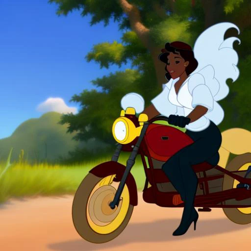 classic disney style, a woman riding an intricate motorcycle, detailed