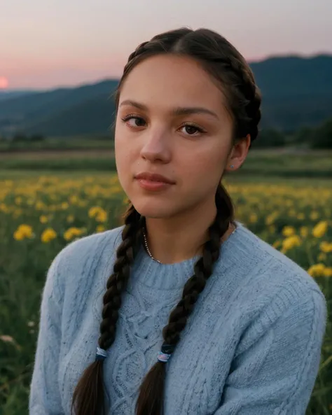 front on closeup portrait of olivrod, looking at viewer, in field of flowers, hills, dusk, twilight, wearing light blue sweater, braided hair <lora:olivrod:1>,