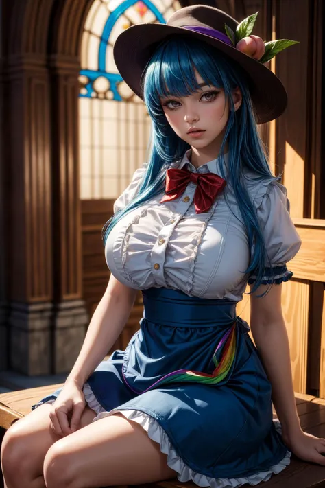 (ultra realistic,32k, masterpiece:1.2),(high detailed skin:1.1),( high quality:1.1),
<lora:tenshihinanawi-lora-nochekaiser_4:0.8>tenshi hinanawi, long hair, bangs, (red eyes:0.75), blue hair,skirt, shirt, hat, bow, white shirt, short sleeves, frills, food, puffy sleeves, bowtie, apron, puffy short sleeves, blue skirt, black headwear, fruit, leaf, frilled skirt, peach, (rainbow order:1.5),,(looking at viewer, sitting:1.1),, (huge breast,large breast,:1.1),<lora:add_detail:0.79>,
(tenebrism:1.1), celestial shrine, celestial architecture, divine radiance, sacred place of worship, blurry background,