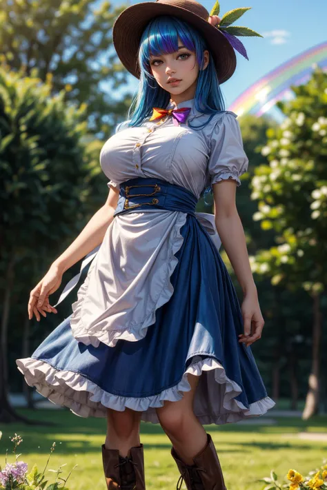 (ultra realistic,32k, masterpiece:1.2),(high detailed skin:1.1),( high quality:1.1),
<lora:tenshihinanawi-lora-nochekaiser_4:0.8>tenshi hinanawi, long hair, bangs, (red eyes:0.75), blue hair,skirt, shirt, hat, bow, white shirt, short sleeves, boots, frills, food, puffy sleeves, bowtie, apron, puffy short sleeves, blue skirt, black headwear, fruit, leaf, brown footwear, frilled skirt, cross-laced footwear, peach, (rainbow order:1.5),,(looking at viewer, standing from below:1.1),, (huge breast,large breast,:1.1),<lora:add_detail:0.83>,
(iridescence:1.1),  enchanted evergreen, eternal spring, talking animals, magical rejuvenation, blurry background,