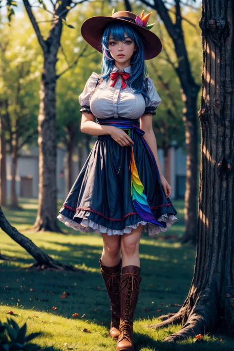(ultra realistic,32k, masterpiece:1.2),(high detailed skin:1.1),( high quality:1.1),
<lora:tenshihinanawi-lora-nochekaiser_4:0.8>tenshi hinanawi, long hair, bangs, (red eyes:0.75), blue hair,skirt, shirt, hat, bow, white shirt, short sleeves, boots, frills, food, puffy sleeves, bowtie, apron, puffy short sleeves, blue skirt, black headwear, fruit, leaf, brown footwear, frilled skirt, cross-laced footwear, peach, (rainbow order:1.5),,(looking at viewer, standing,:1.1),, (huge breast,large breast,:1.1),<lora:add_detail:0.98>,
(soft shaded neon light:1.1), whispering willows, wispy branches, melodic whispers, enchanted grove, blurry background,