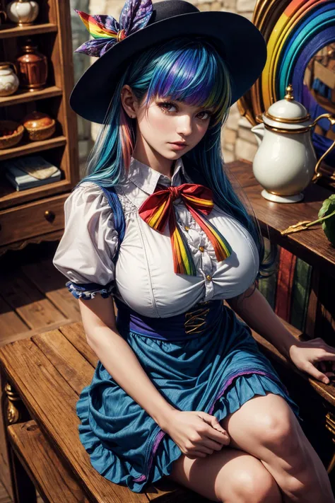 (ultra realistic,32k, masterpiece:1.2),(high detailed skin:1.1),( high quality:1.1),
<lora:tenshihinanawi-lora-nochekaiser_4:0.8>tenshi hinanawi, long hair, bangs, (red eyes:0.95), blue hair,skirt, shirt, hat, bow, white shirt, short sleeves, frills, food, puffy sleeves, bowtie, apron, puffy short sleeves, blue skirt, black headwear, fruit, leaf, frilled skirt, peach, (rainbow order:1.5),,fighting stance pose, (huge breast,large breast,:1.1),<lora:add_detail:0.77>,
(iridescence:1.1), starflower grove, blooming stars, luminescent petals, otherworldly fragrance, blurry background,