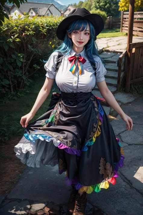 (masterpiece:1.2), (photorealistic:1.2), (best quality),((realistic:1.3)), (detailed skin:1.3), (intricate details), dramatic, ray tracing,finely detailed, quality,realistic lighting,large breasts,1girl,tenshi hinanawi, long hair, bangs, (red eyes:1.5), blue hair, , skirt, shirt, hat, bow, white shirt, short sleeves, boots, frills, food, puffy sleeves, bowtie, apron, puffy short sleeves, blue skirt, black headwear, fruit, leaf, brown footwear, frilled skirt, cross-laced footwear, peach, (rainbow order:1.5),cowboy shot,smile,looking at viewer,(outdoors,dynamic pose) <lora:epi_noiseoffset2:0.8> <lora:more_details:0.8> <lora:tenshihinanawi-lora-nochekaiser_4:1>