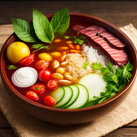 (masterpiece:1.2),(best quality),(ultra detailed),(4k, intricate),(highly detailed:1.2),(detailed background),detailed landscape,<lora:more_details:0.5>,still life,vegetable, leaf, onion, fruit, meat, rice, bowl, tomato, soup,<lora:shiwu:0.5>,