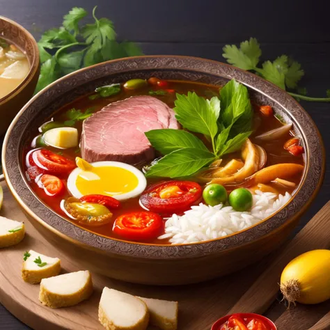 (masterpiece:1.2),(best quality),(ultra detailed),(4k, intricate),(highly detailed:1.2),(detailed background),detailed landscape,<lora:more_details:0.5>,still life,vegetable, leaf, onion, fruit, meat, rice, bowl, tomato, soup,<lora:shiwu:0.5>,