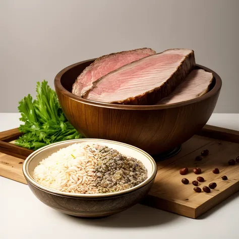 (masterpiece:1.2),(best quality),(ultra detailed),(4k, intricate),(highly detailed:1.2),(detailed background),detailed landscape,<lora:more_details:0.5>,still life,rice,bowl,meat,plate,vegetable,leaf,beans,fruit,<lora:shiwu:0.5>,